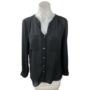 H&M Conscious Women's Black V Neck Long Sleeve Button Down Shirt Blouse Top Sz 2
